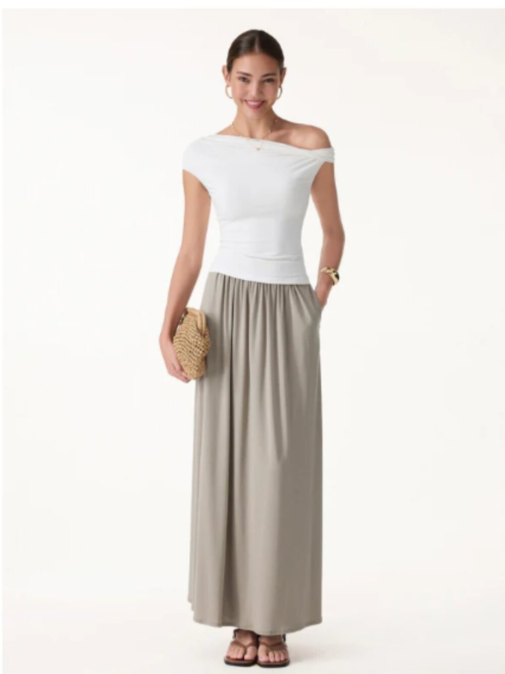 OGL Soft Linen Knit Gathered A-Line Maxi Skirt with Pockets - Picture 2 of 3